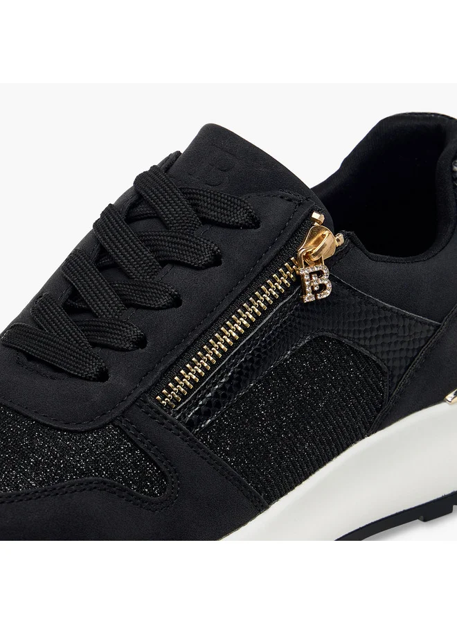 Flora Bella By Shoexpress Women's Glitter Panelled Sneakers with Lace-Up Closure