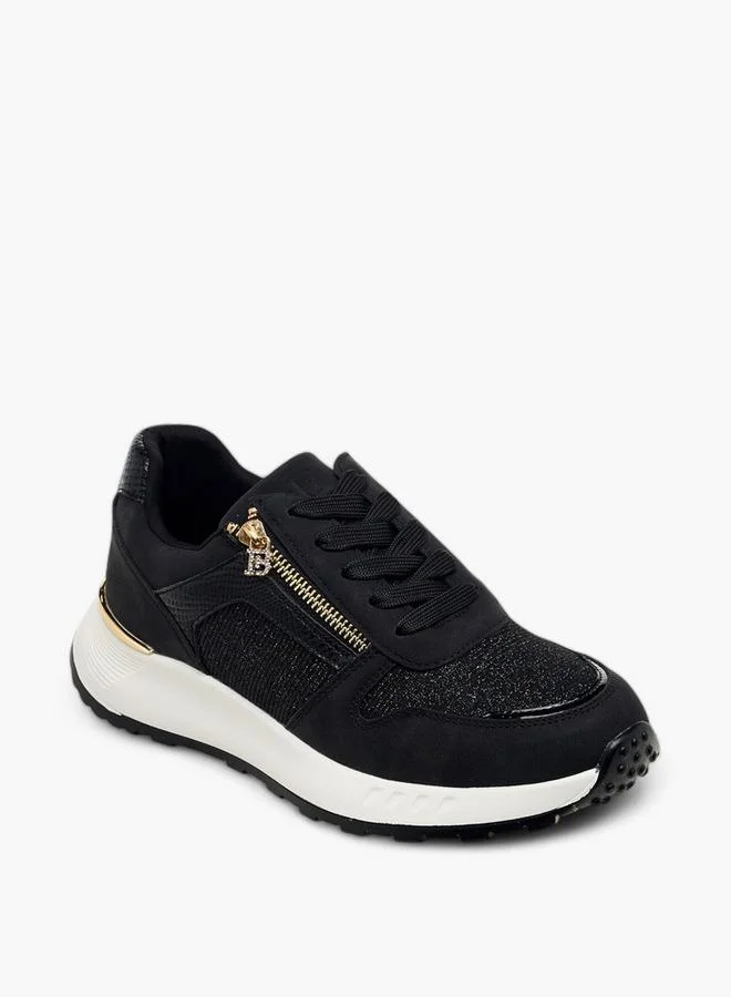 Women's Glitter Panelled Sneakers with Lace-Up Closure