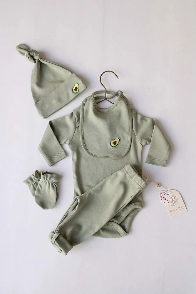 اوهلالا كوالا Avocado Embroidered 5-Piece Long Sleeve Newborn Set