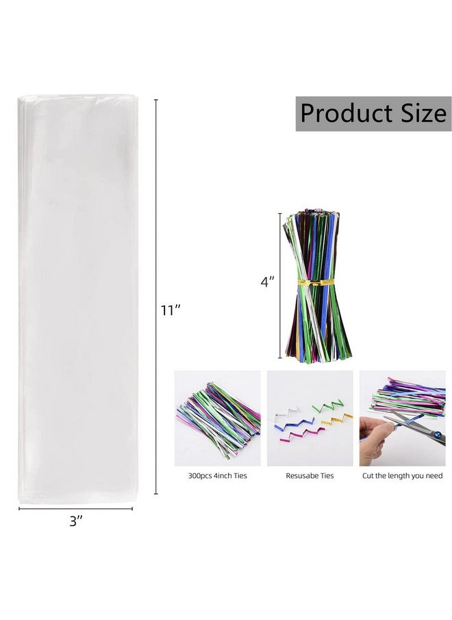 Tecbeauty 600Pcs Cellophane Bags Set-300Pcs 3X11 Cellophane Bags Long Clear Treat Bags Cello Cookie Bags, 300Pcs Colors Twist Ties For Gifts Party Favors  - Image 3
