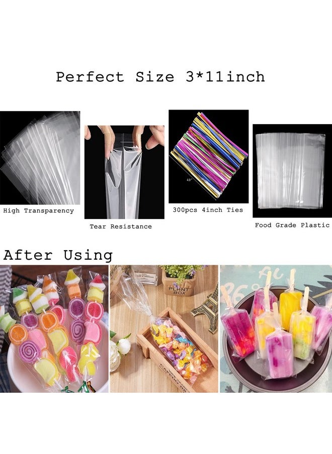 Tecbeauty 600Pcs Cellophane Bags Set-300Pcs 3X11 Cellophane Bags Long Clear Treat Bags Cello Cookie Bags, 300Pcs Colors Twist Ties For Gifts Party Favors  - Image 2