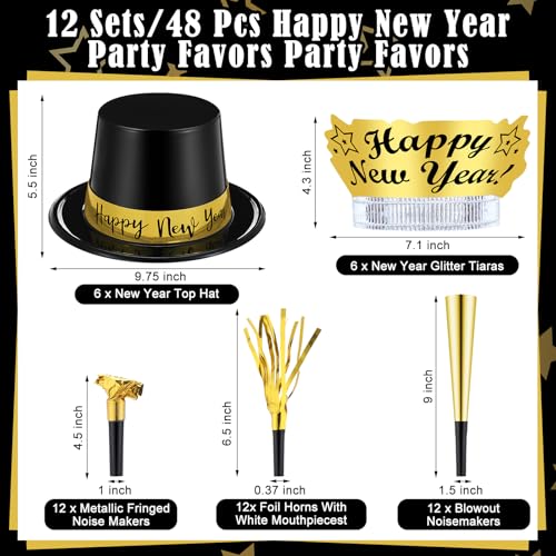 Shappy 48 Pcs New Years Eve Party Supplies for 12 Guests 2026 Party Supplies Top Hat Headbands Tiara Fringed Noise MakersBlack Gold - Image 5