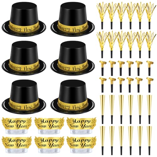 Shappy 48 Pcs New Years Eve Party Supplies for 12 Guests 2026 Party Supplies Top Hat Headbands Tiara Fringed Noise MakersBlack Gold - Image 1