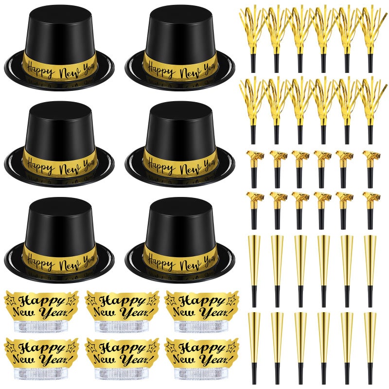 Shappy 48 Pcs New Years Eve Party Supplies for 12 Guests 2026 Party Supplies Top Hat Headbands Tiara Fringed Noise MakersBlack Gold - Image 3