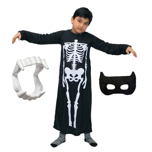 Kaku Fancy Dresses Skeleton Costume for Kids with Gown & Teeth Mask | Scary Halloween Fancy Dress Outfit | Spooky Cosplay Costume for Boys & Girls - 3-4 Years - Image 1
