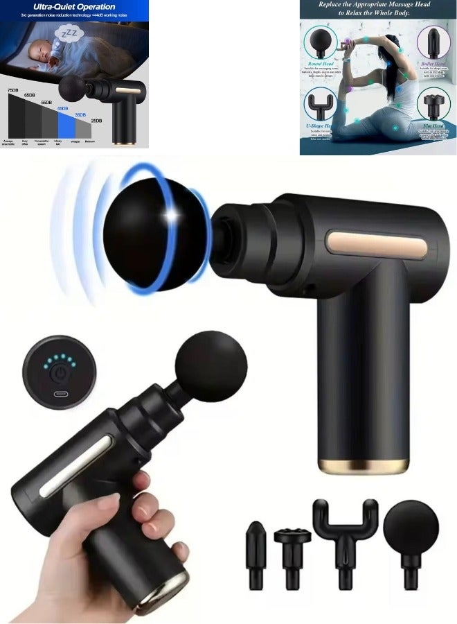 Muscle massage device with six speeds and four multi-heads with a strong and safe battery, Portable Multi-handle Mini Body Massage for Fascia Muscle Massage (Black)