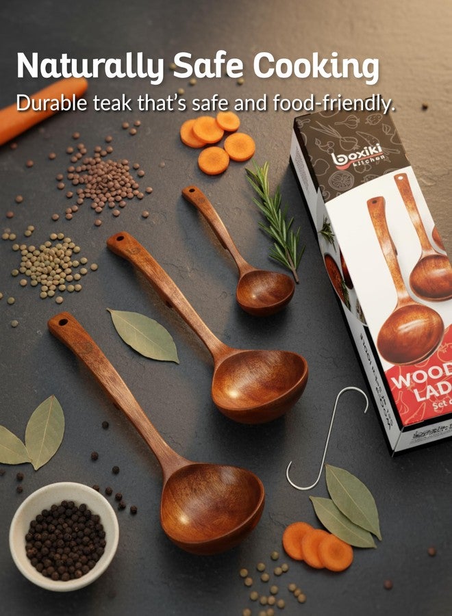 Boxiki Kitchen ملاعق شوربة - طقم ملاعق فاخر من خشب الساج مكون من 3 قطع - أدوات طهي خشبية صديقة للبيئة وعالية الجودة، مزودة بوصلة عنق معززة ومقبض مانع للانزلاق - طقم ملاعق متعددة الأحجام، جاهز للإهداء - Image 4