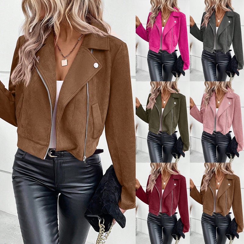 Women's Short Faux Suede Zip-Up Jacket with Collar - Image 1
