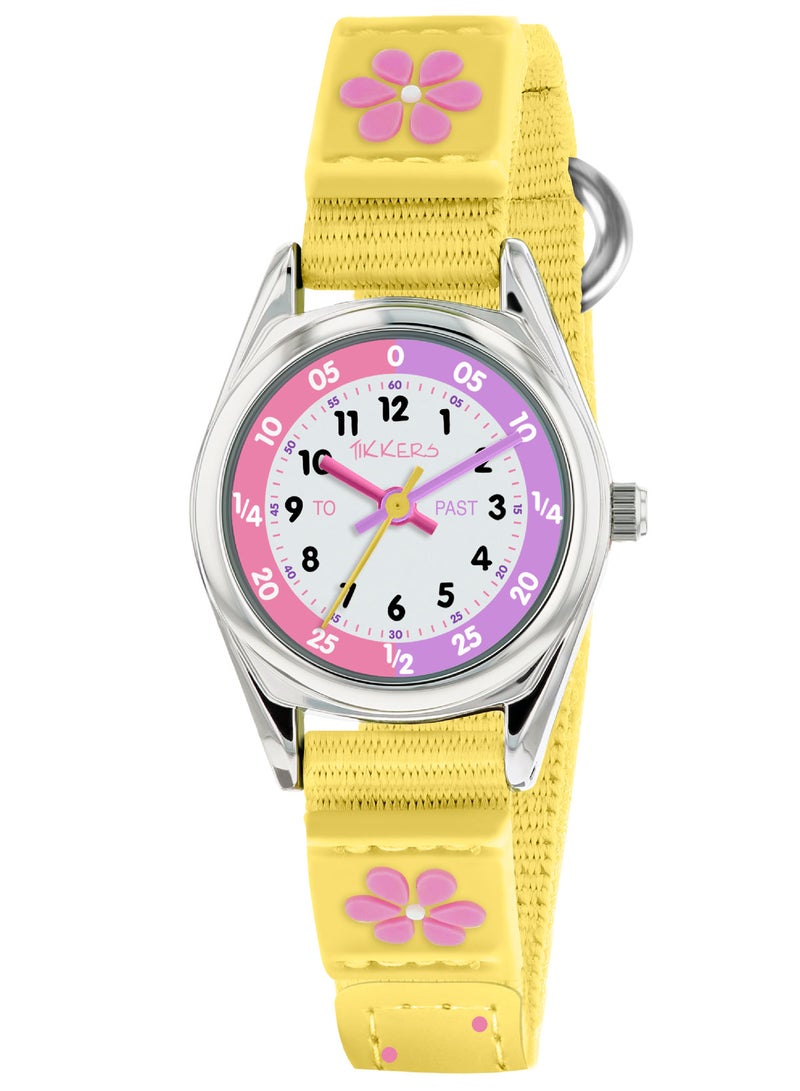 Tikkers Tikkers Girls Yellow Fabric Strap Flower Time Teacher Watch - TK0155  - Image 1