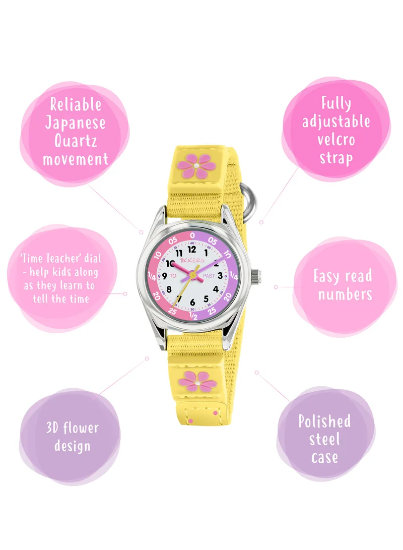 Tikkers Tikkers Girls Yellow Fabric Strap Flower Time Teacher Watch - TK0155