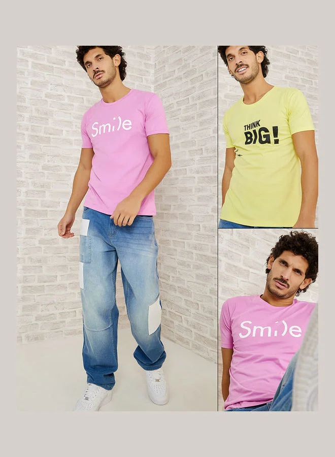 Styli Pack of 2 - Slogan Print Regular Fit T-shirt