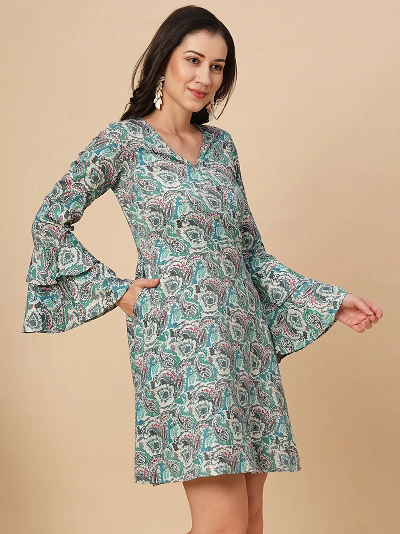 globus Women Ethnic Motifs Printed Bell Sleeves Layered A-Line Dress