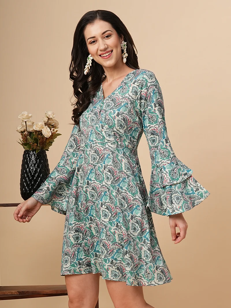 globus Women Ethnic Motifs Printed Bell Sleeves Layered A-Line Dress