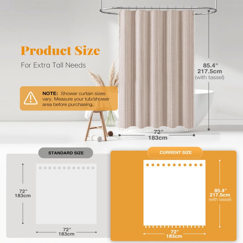 BTTN Extra Long Shower Curtain - 72x84 Long Boho Chic Striped Tassel Linen Fabric Shower Curtain Set with Hooks, Tall Modern Farmhouse Aesthetic Weighted Cloth Shower Curtains for Bathroom - Tan/Taupe - Image 3