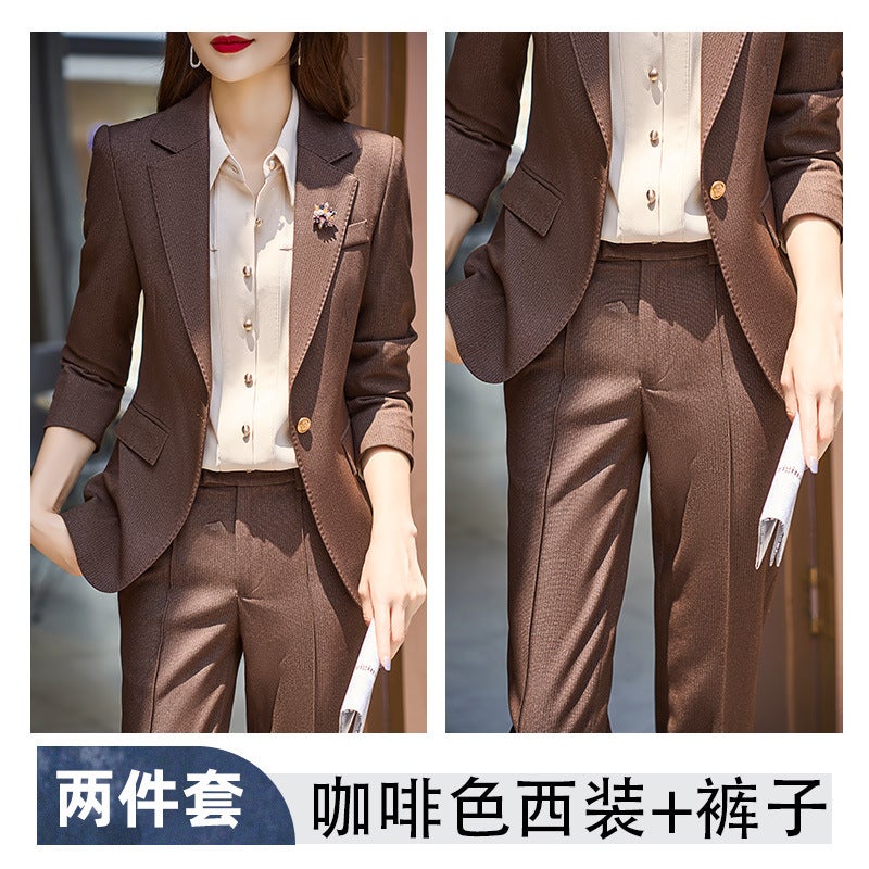 بدلة بنية للنساء ملابس عمل ربيعية وخريفية عالية الجودة ذات طابع إلهي بدلة مقابلة جاكيت ملابس عمل - Image 1