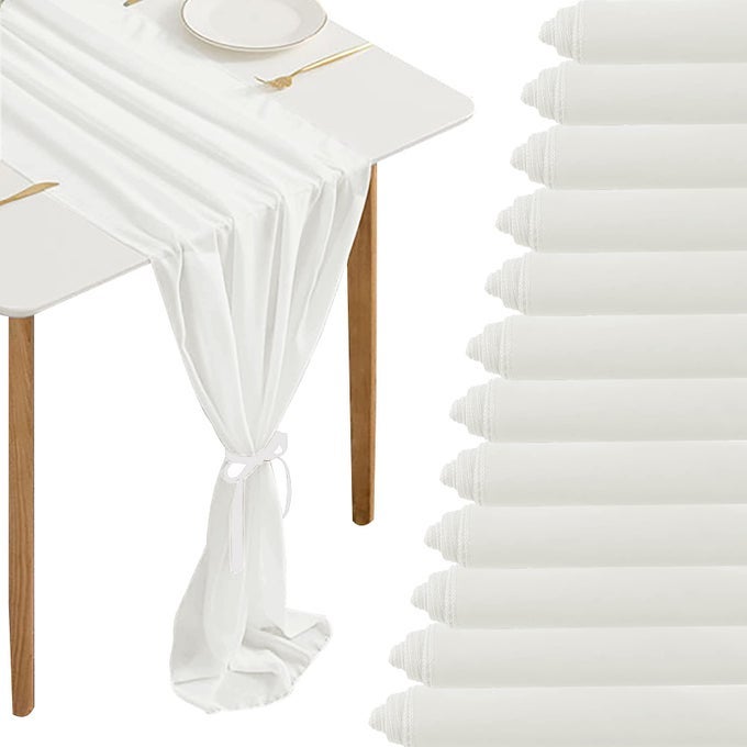 12 PACKS WHITE 10FT CHIFFON TABLE RUNNER 27X120 INCHES SHEER CHIFFON TABLE RUNNER ROMANTIC BOHO RUSTIC WEDDING TABLE RUNNER FOR WEDDING BIRTHDAY PARTY DECOR BRIDAL BABY SHOWER TABLE DECORATION
