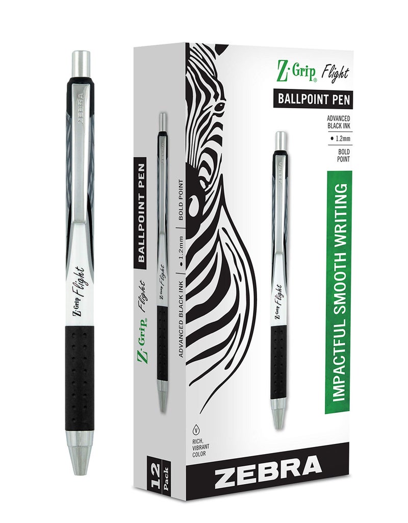Zebra Pen Z-Grip Flight Retractable Ballpoint Pen, Bold Point, 1.2mm, Black Ink, 12-Count - Image 1