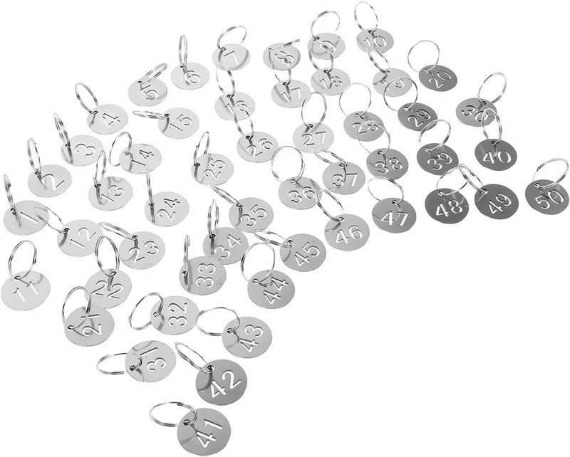Abaodam 50pcs Stainless Steel Number Key Tags Round Metal Numbered Labels with Split Rings Hollowed Design for Organized Coding Key Chains and Cabinet Identification - Image 1