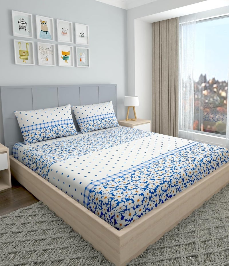 VOMZER VOMZER 320 TC Cotton Feel All Around Elastic Fitted Bedsheets King Size Premium Elastic Fitted King Size Bed Sheet for Double Bed with 2 Pillow Covers Size 78 x 72 White Lily  - Image 1
