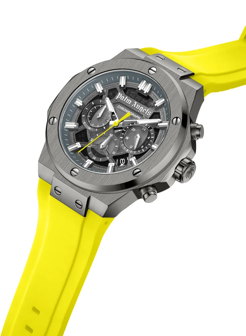 Palm Angels Fiero Black Dial Yellow Silicone Strap Chronograph Watch for Men, 44mm