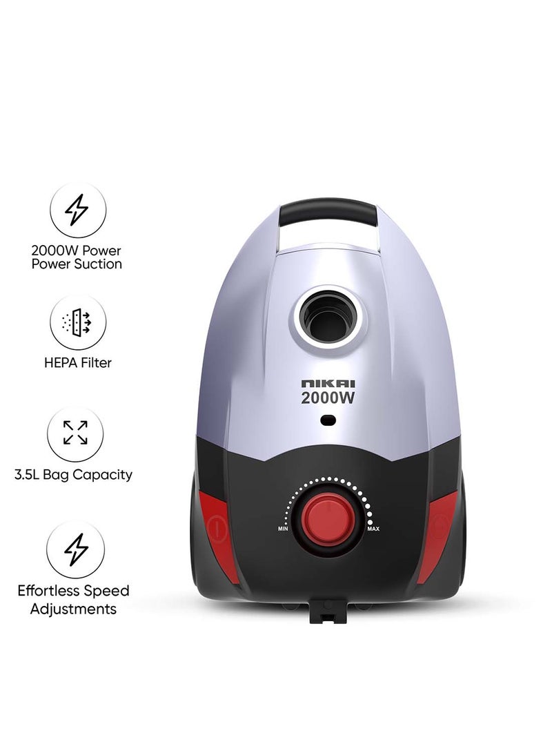 NIKAI Vacuum Cleaner With High Suction Power, Hepa Filter, And Multipurpose Brush - Effortless Cleaning, Telescopic Tube And Easy Carry Handle, Speed Control, For Home And Office Use 3.5 L 2000 W NVC9260A1 Black/Silver/Red - Image 1