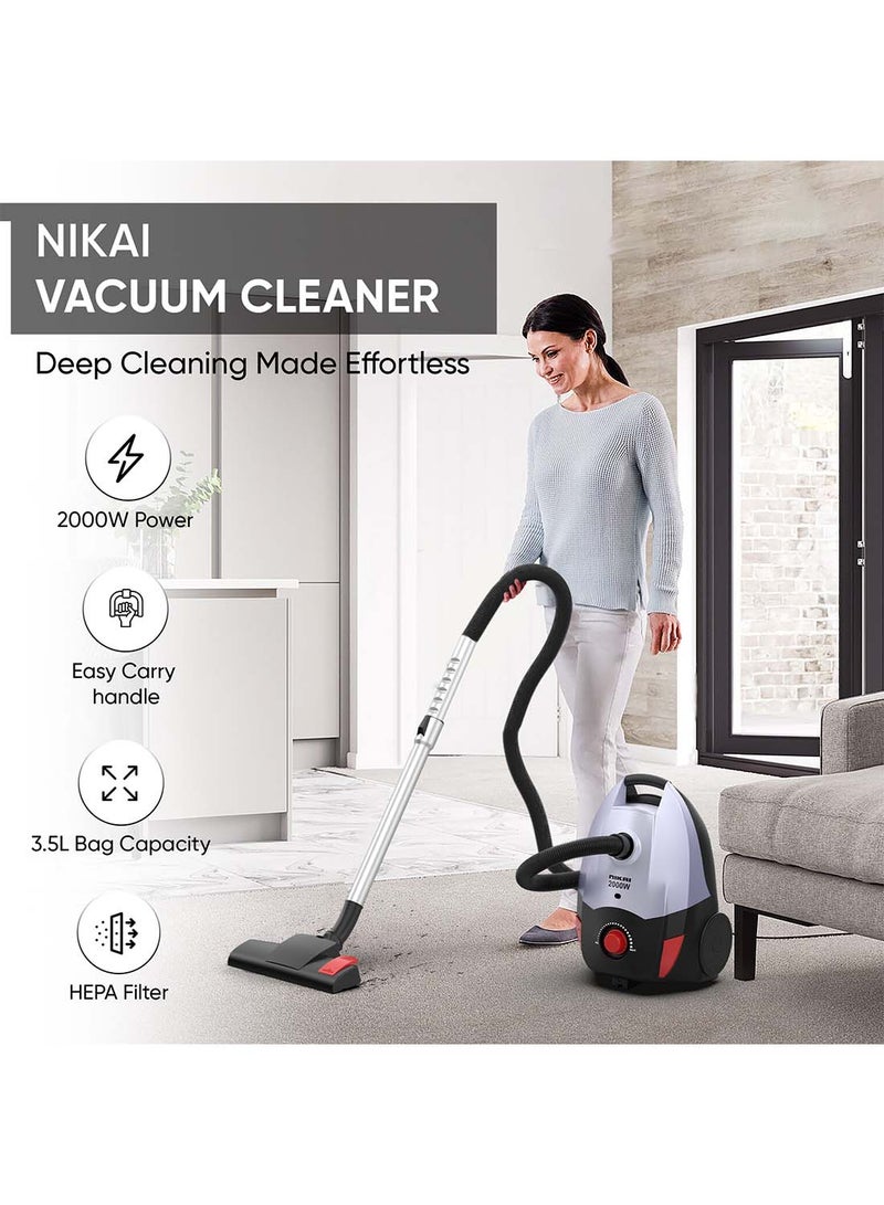 NIKAI Vacuum Cleaner With High Suction Power, Hepa Filter, And Multipurpose Brush - Effortless Cleaning, Telescopic Tube And Easy Carry Handle, Speed Control, For Home And Office Use 3.5 L 2000 W NVC9260A1 Black/Silver/Red - Image 2