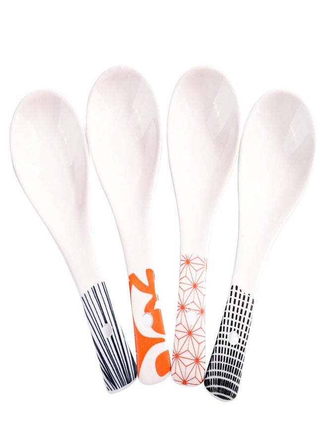 BOSILI Japanese Ceramic Soup Spoons, Set of 4 Retro Geometric Designs, Cute Asian Ramen Spoons for Soup, Pho, Miso, Rice, Dishwasher Safe - Image 1