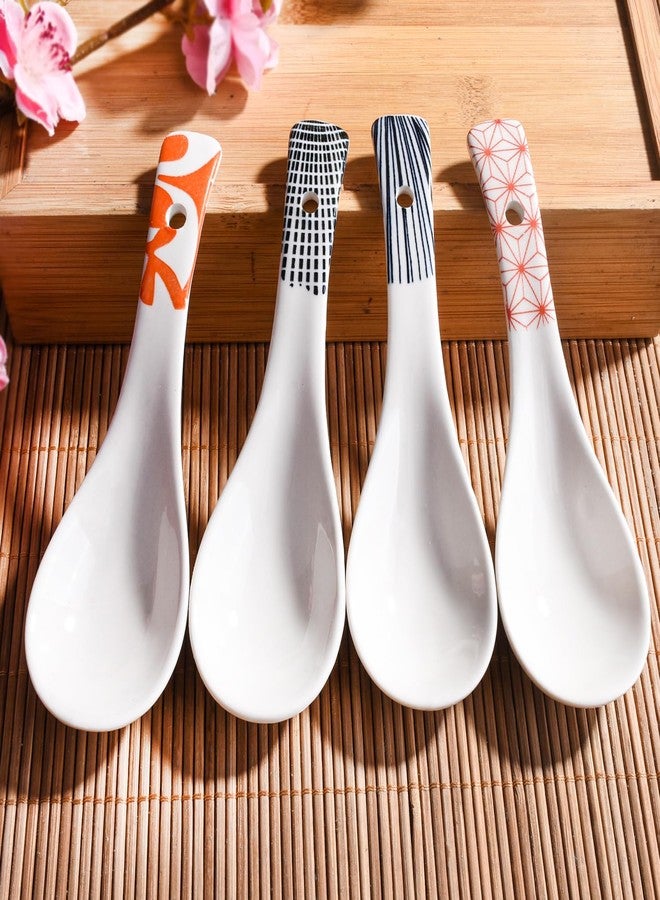 BOSILI Japanese Ceramic Soup Spoons, Set of 4 Retro Geometric Designs, Cute Asian Ramen Spoons for Soup, Pho, Miso, Rice, Dishwasher Safe - Image 2