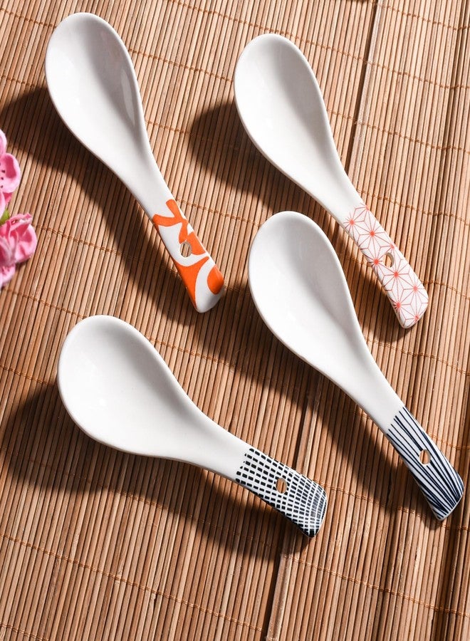 BOSILI Japanese Ceramic Soup Spoons, Set of 4 Retro Geometric Designs, Cute Asian Ramen Spoons for Soup, Pho, Miso, Rice, Dishwasher Safe - Image 5