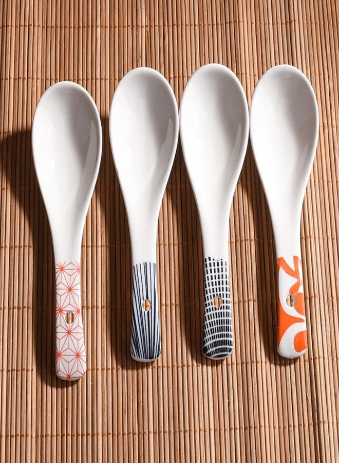 BOSILI Japanese Ceramic Soup Spoons, Set of 4 Retro Geometric Designs, Cute Asian Ramen Spoons for Soup, Pho, Miso, Rice, Dishwasher Safe - Image 3