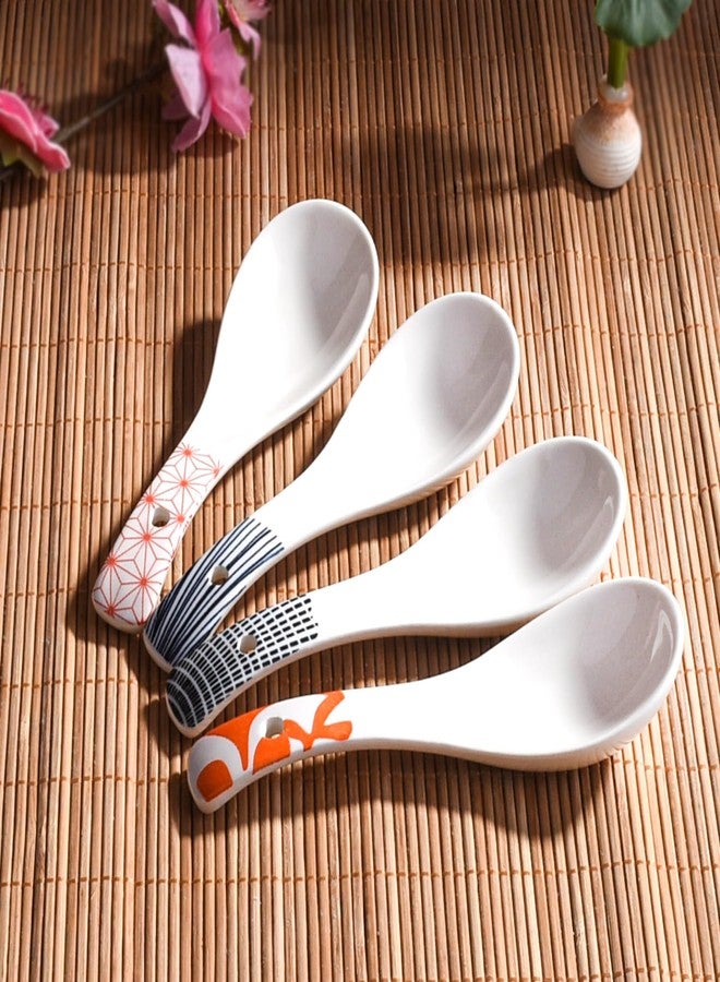 BOSILI Japanese Ceramic Soup Spoons, Set of 4 Retro Geometric Designs, Cute Asian Ramen Spoons for Soup, Pho, Miso, Rice, Dishwasher Safe - Image 4