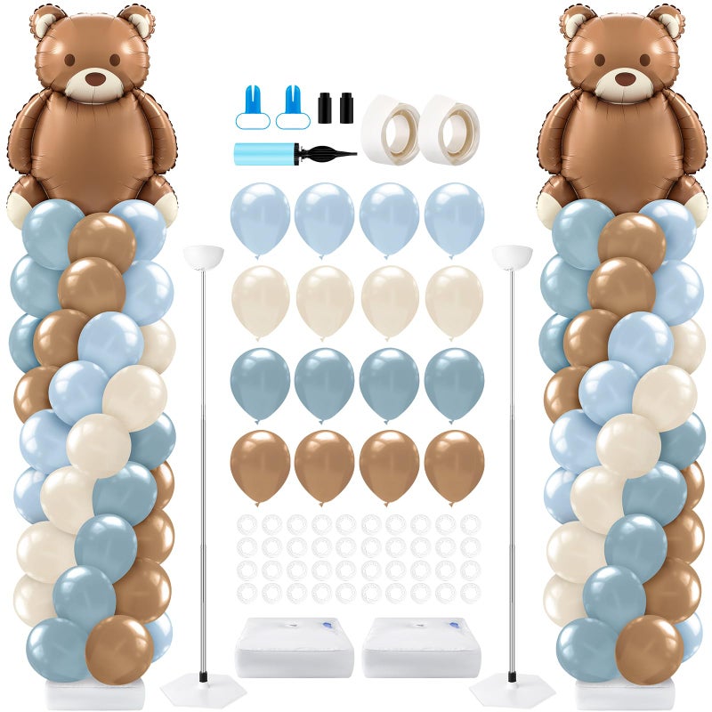 Kasyat 2 Set Bear Baby Shower Balloon Column Stand Kit Dusty Blue and Brown Balloon Arch Garland Kit, Bear Baby Shower Decorations Backdrop for Gender Reveal Birthday Party Supplies - Image 1