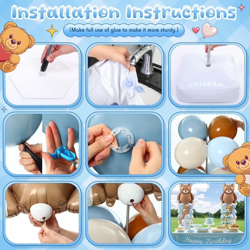Kasyat 2 Set Bear Baby Shower Balloon Column Stand Kit Dusty Blue and Brown Balloon Arch Garland Kit, Bear Baby Shower Decorations Backdrop for Gender Reveal Birthday Party Supplies - Image 3