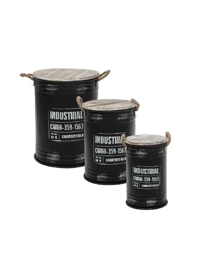 atmosphera 3-Piece Loft High Quality Iron Industrial Storage Trunk Set Black and Brown 51.7 x 39.9 x 39.9 cm 166517B