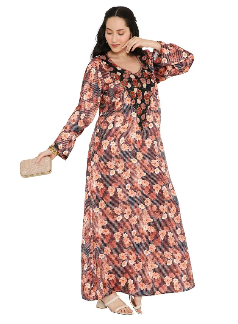 HANA & SARA LONG FLORAL PRINTED MODEST UNIQUE BEADED ARABIC KAFTAN FARASHA JALABIYA DRESSES