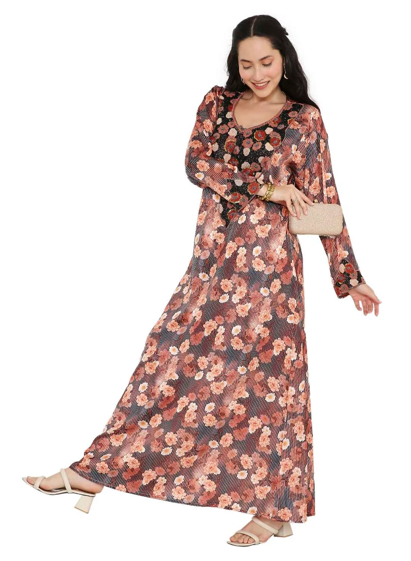HANA & SARA LONG FLORAL PRINTED MODEST UNIQUE BEADED ARABIC KAFTAN FARASHA JALABIYA DRESSES