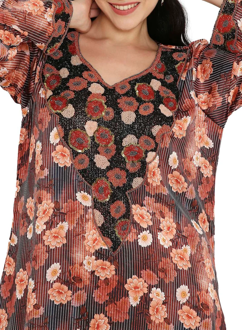 HANA & SARA LONG FLORAL PRINTED MODEST UNIQUE BEADED ARABIC KAFTAN FARASHA JALABIYA DRESSES