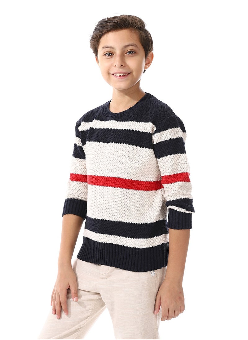 Andora Long Sleeves Striped Boys Pullover - Navy Blue, Off White & Red_ Navy Blue, Off White & Red  - Image 2