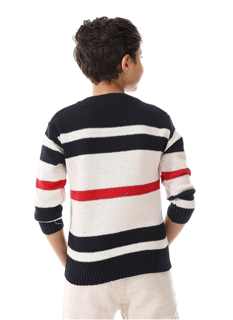 Andora Long Sleeves Striped Boys Pullover - Navy Blue, Off White & Red_ Navy Blue, Off White & Red  - Image 3