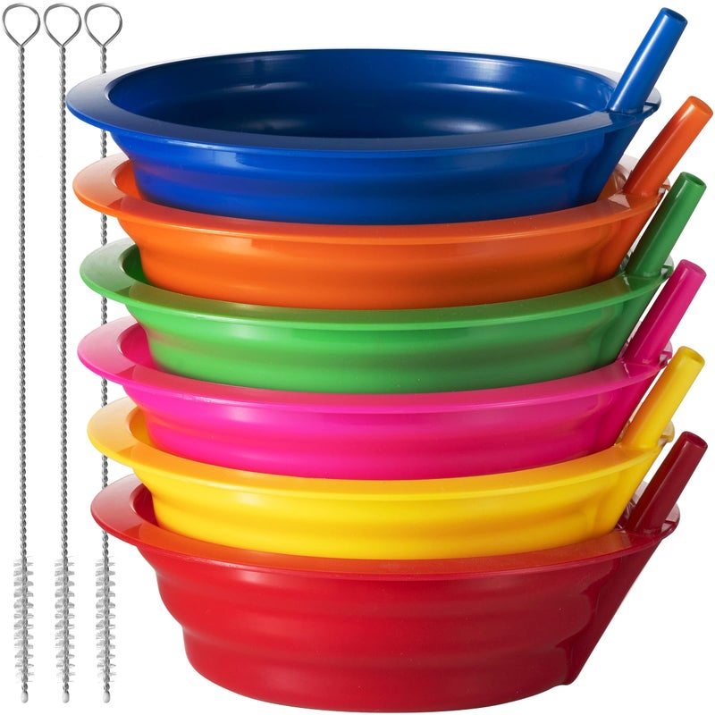 JoyServe Cereal Bowls with Straws for Kids - (Set of 6 - 20-Ounce Bowls) BPA-Free Plastic Reusable Built-In Straw Bowl for Kids, Children & Toddlers, Dishwasher and Microwave Safe, Includes 3 Cleaning Brushes - Image 1