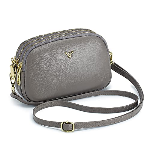 Dgffan Triple Zip Small Crossbody Bags Genuine Leather Shoulder Handbags Trendy Design Cellphone Purses for Women and Girls(grey) - Image 1