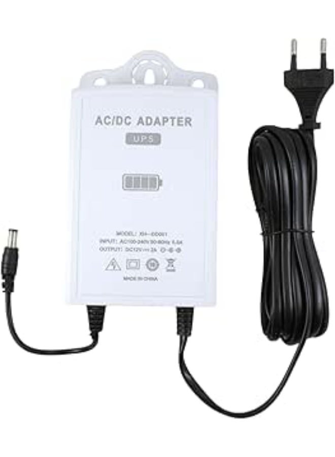 This 12V/2A continuous backup power supply UPS module includes a built-in battery to keep routers or security cameras running during power outages. Featuring automatic switching when power is interrupted, it accepts an input voltage of 100-240VAC and delivers a DC 12V output supporting devices consuming 2A or less. - Image 1