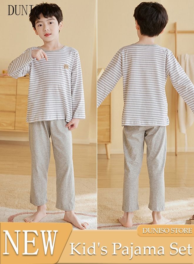 DUNISO 2-Piece Boy's Soft Pajamas Set Long Sleeve Cotton Sleepwear Loungewear Round Neck Nightwear Striped Pajama Sets Spring And Autumn Home Wear Long Sleeve Top And Pants - Image 1
