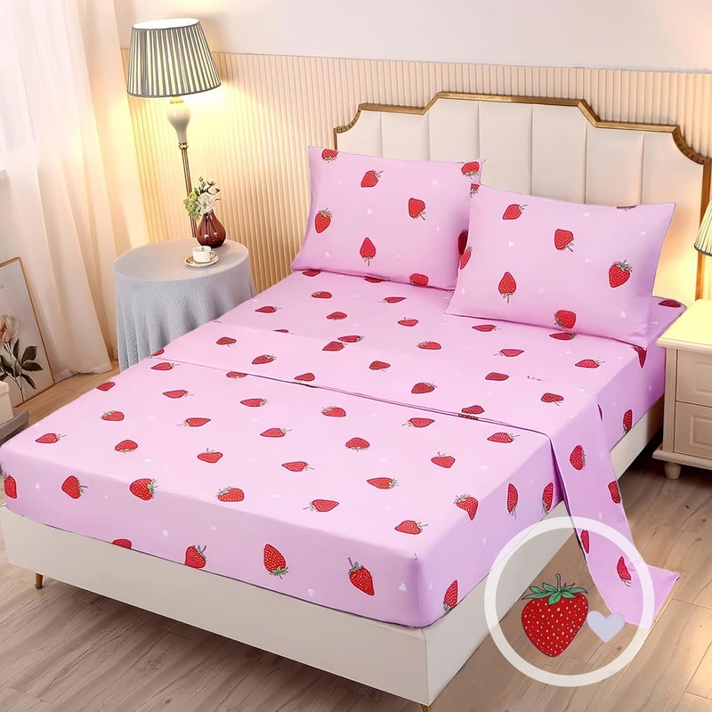 SDY 4PCS Strawberry Bedding SheetsFull Size Red and Pink Strawberry Print Sheet Set with 1 Kawaii Top Flat Sheet  1 Deep Pocket Fitted Sheet  2 Pillowcases for Teen Girls
