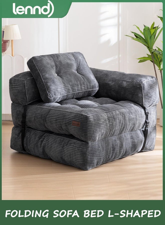 LENND Folding Sofa Bed, L-Shaped Convertible Sofa Bed with Armrest Foldable Sleeper Sofa with Pillow, Portable Fold Out Chair Bed Comfy Floor Lounge for Living Room Bedroom, Dark Grey - Image 1
