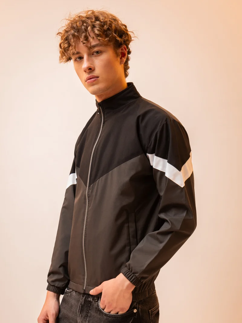 Beyoung Black and Grey Color Block Windcheater Jacket for Men