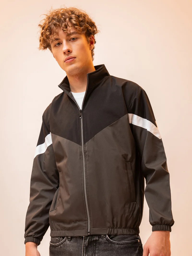 Black and Grey Color Block Windcheater Jacket for Men