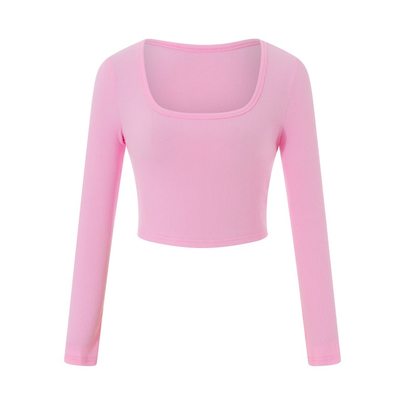 New Product Style Large Round Neck Long-Sleeved Ribbed Ultra-Short Slim Fit Slimming T-Shirt 2025 Short Style - Image 1