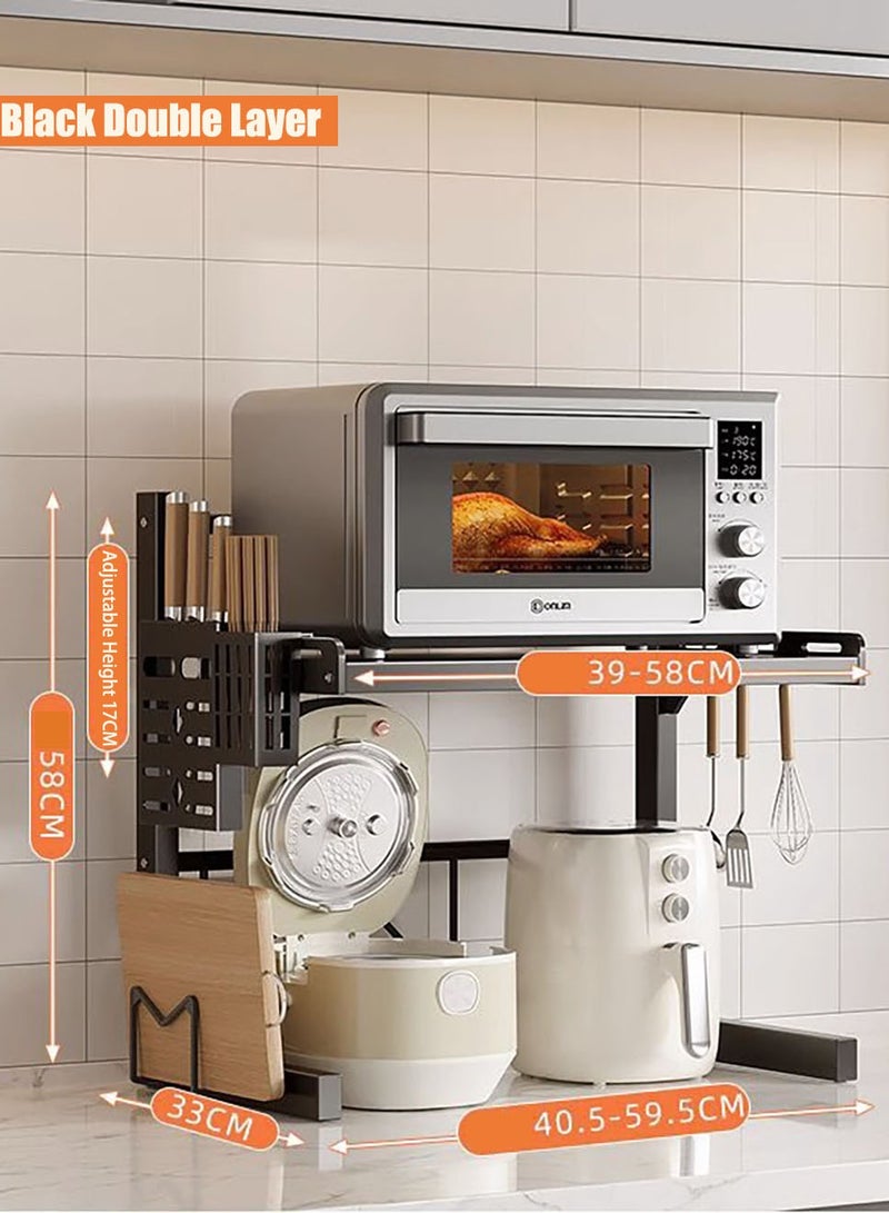 TAPIT Extendable Microwave Oven Rack Microwave/Toaster Shelf Heavy Duty Stand Kitchen Counter Top Organizer Adjustable Height & Length 2-Tier with 6 Hooks (2 Layers of Black) - Image 2