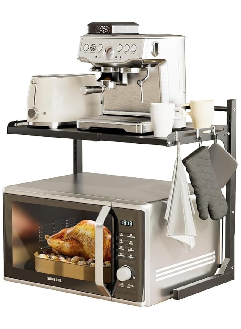 TAPIT Extendable Microwave Oven Rack Microwave/Toaster Shelf Heavy Duty Stand Kitchen Counter Top Organizer Adjustable Height & Length 2-Tier with 6 Hooks (2 Layers of Black) - Image 1